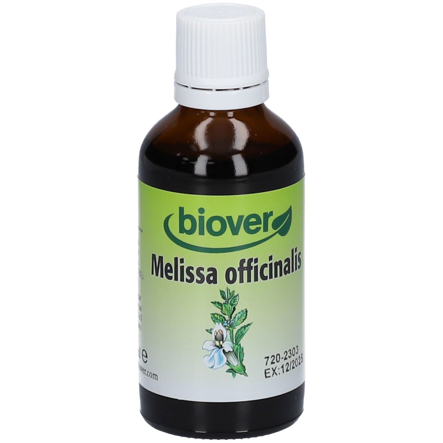Flacon en verre brun avec bouchon blanc. Étiquette "biover" et "Melissa officinalis".