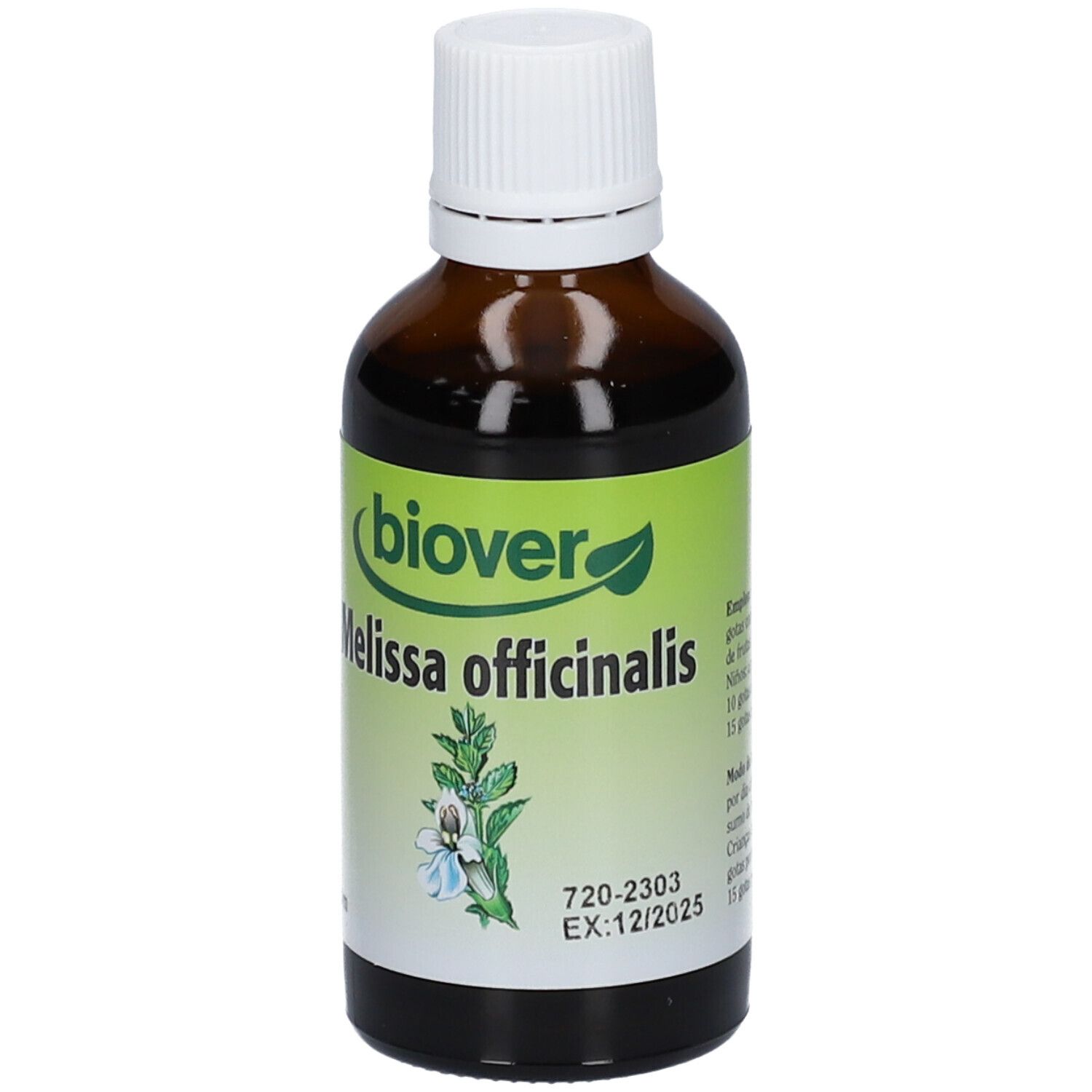 Flacon en verre brun avec bouchon blanc. Étiquette "biover" et "Melissa officinalis".