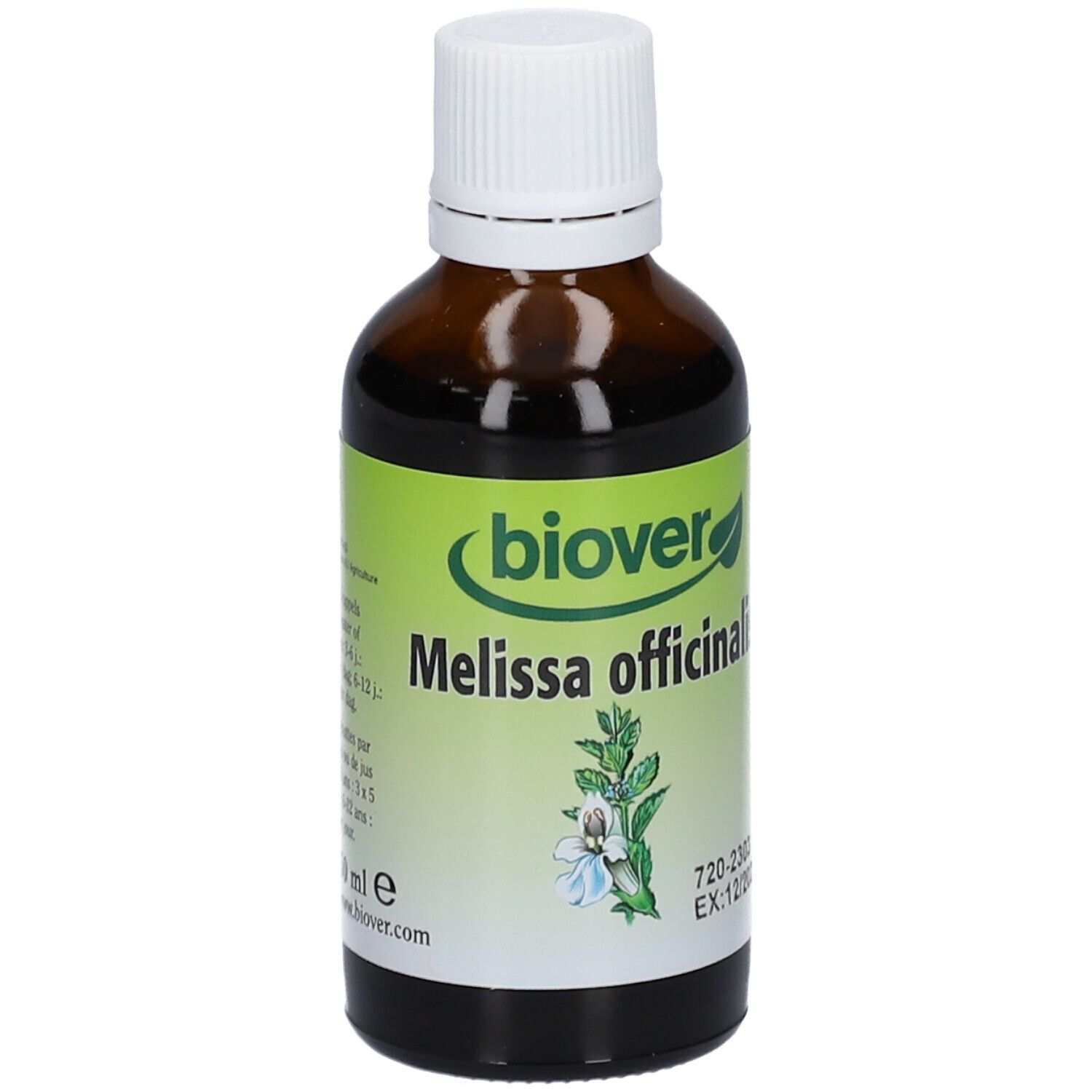 Flacon en verre brun avec bouchon blanc. Étiquette "biover" et "Melissa officinalis".