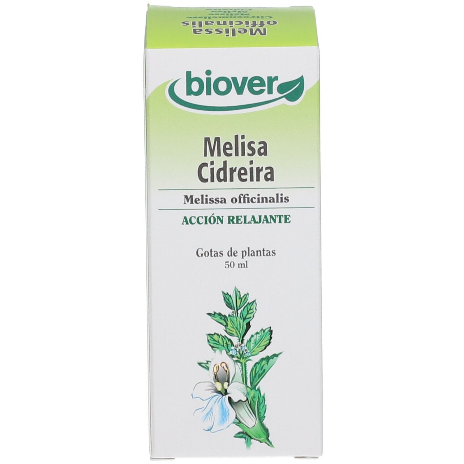 Emballage carton avec "biover" et "Melissa Cidreira". Contient 50 ml de gouttes.