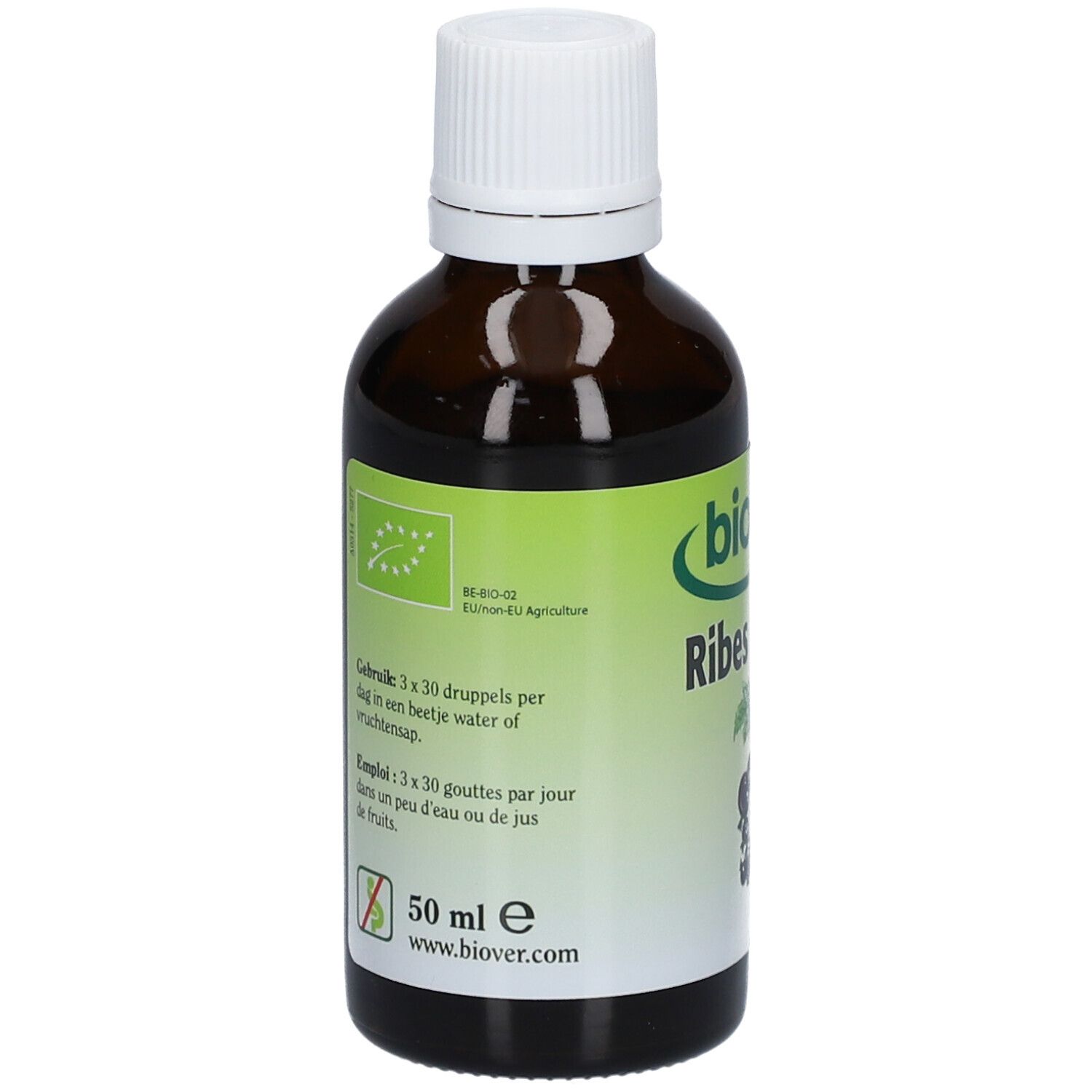 Flacon en verre brun avec bouchon blanc. Étiquette avec logo, nom du produit, label bio et instructions de dosage.