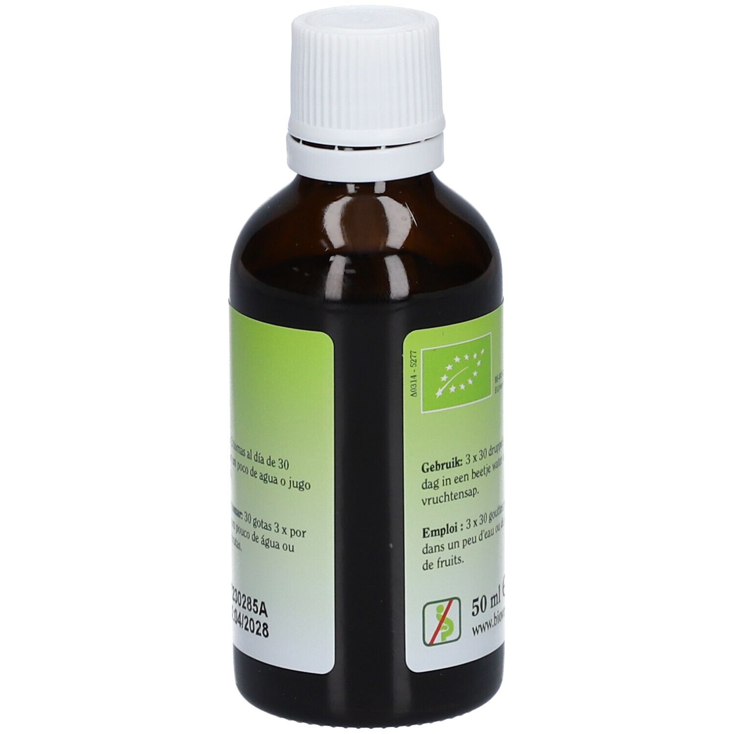 Flacon en verre brun avec bouchon blanc. Étiquette avec logo, nom du produit, label bio et instructions de dosage.