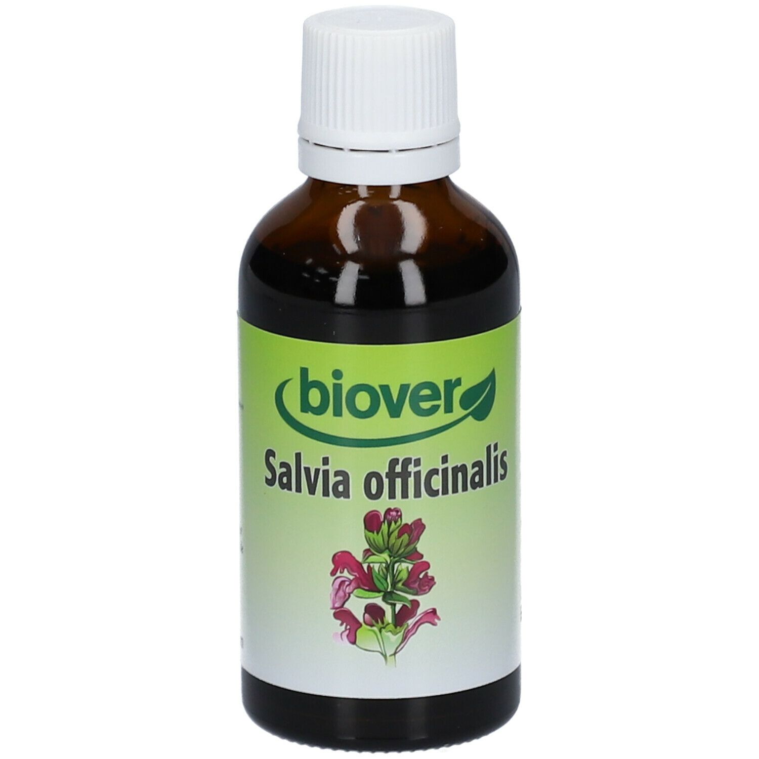 Flacon en verre brun avec bouchon blanc. Inscription : Biover Salvia officinalis. Illustration d'une fleur.