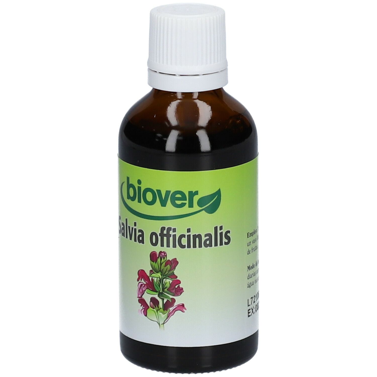 Flacon en verre brun avec bouchon blanc. Inscription : Biover Salvia officinalis. Illustration d'une fleur. Impression avec date d'expiration.