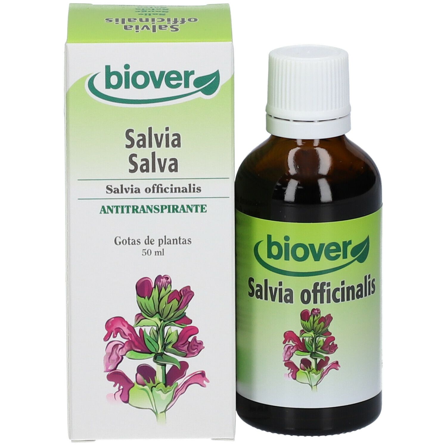Flacon en verre brun et boîte avec impression du produit. Inscription : Biover Salvia officinalis, gouttes de plantes.