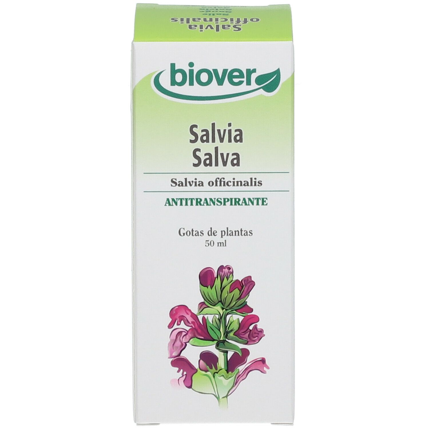 Boîte blanche avec impression du produit. Inscription : Biover Salvia officinalis, gouttes de plantes. Illustration d'une fleur.