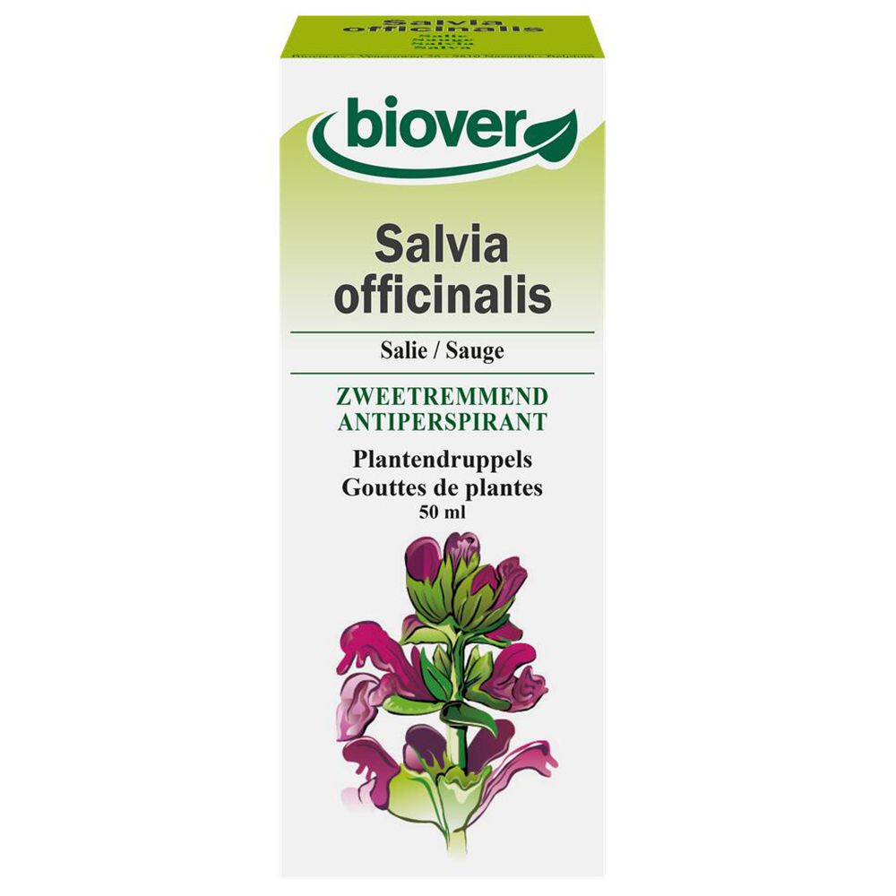 Boîte blanche avec impression du produit. Inscription : Biover Salvia officinalis, gouttes de plantes. Illustration d'une fleur.