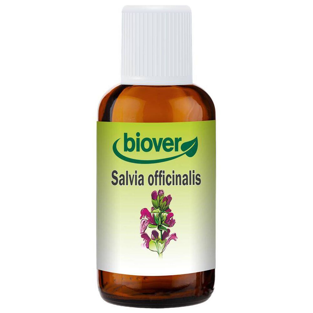 Flacon en verre brun avec bouchon blanc. Inscription : Biover Salvia officinalis. Illustration d'une fleur.
