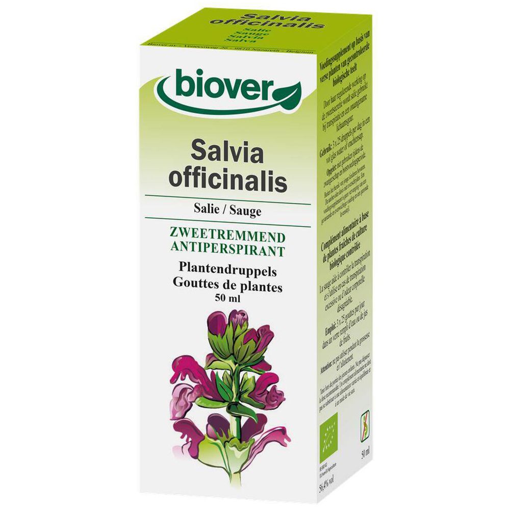 Boîte blanche avec impression du produit. Inscription : Biover Salvia officinalis, gouttes de plantes. Illustration d'une fleur.