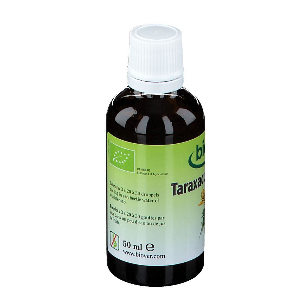 Flacon en verre brun avec bouchon blanc. Étiquette avec informations et label bio.