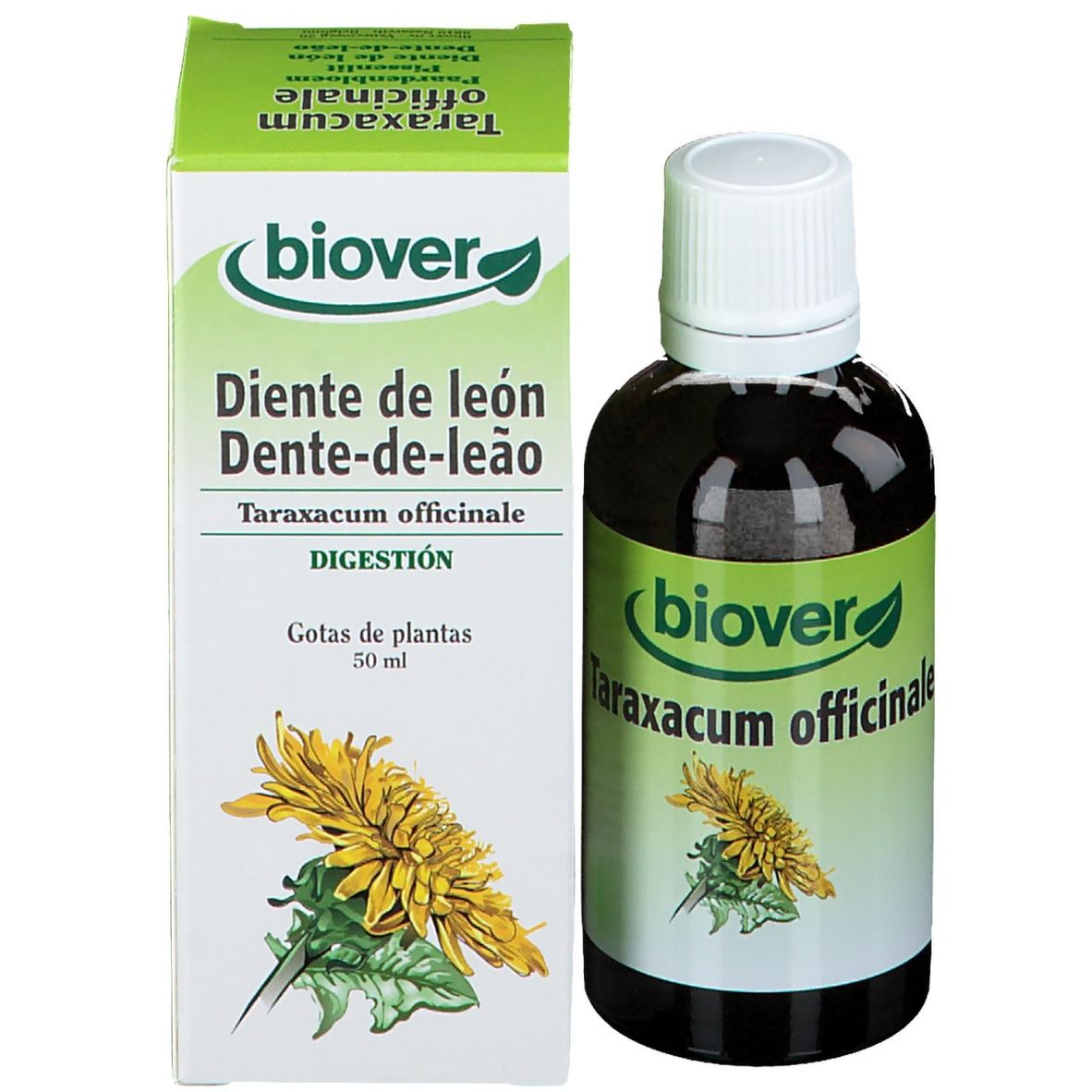 Flacon en verre brun et boîte. Boîte avec nom du produit et logo.