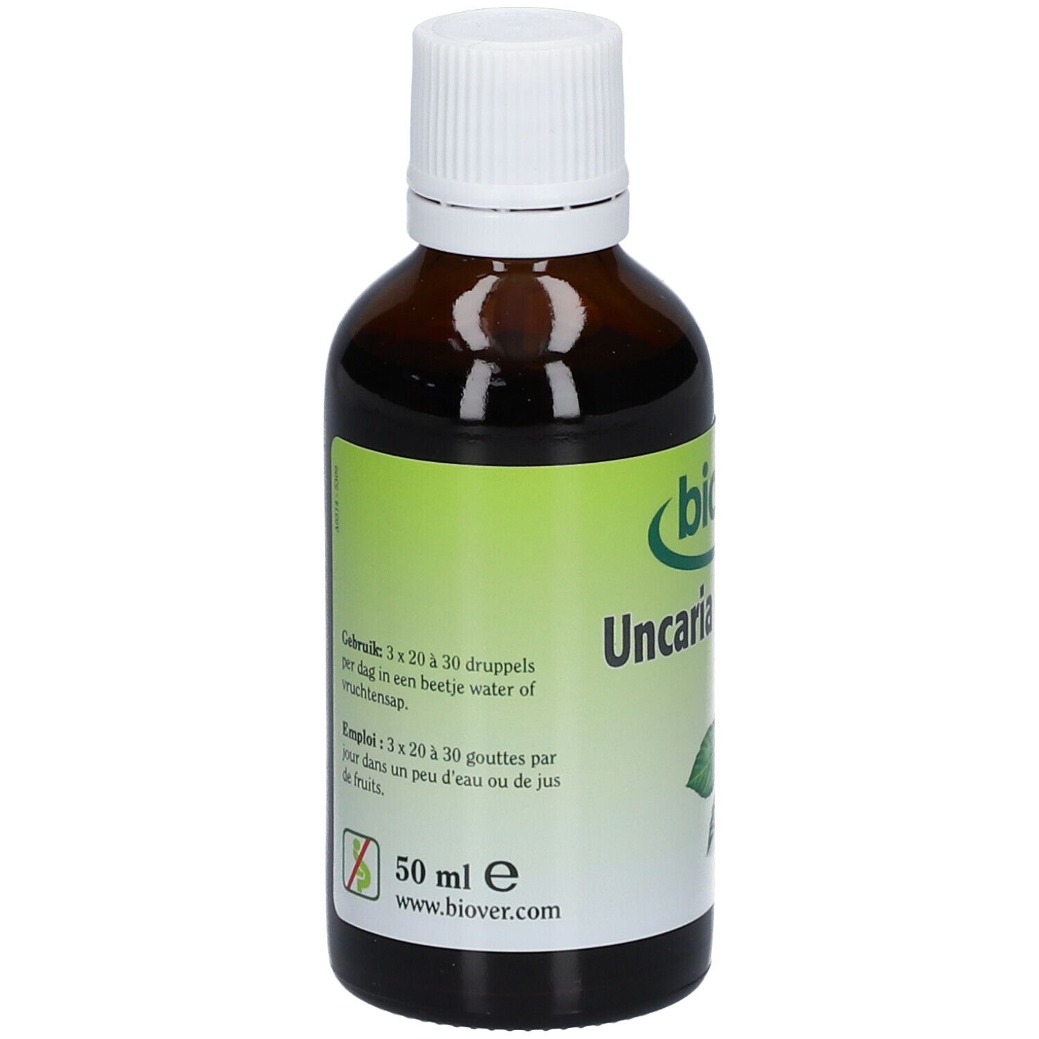 Flacon en verre brun avec bouchon blanc. Étiquette "biover", "Uncaria tomentosa" et instructions. 50 ml.