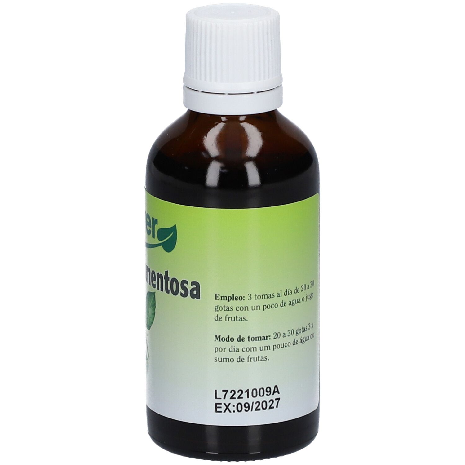 Flacon en verre brun avec bouchon blanc. Étiquette "biover", "Uncaria tomentosa" et dosage. Expiration 09/2027.