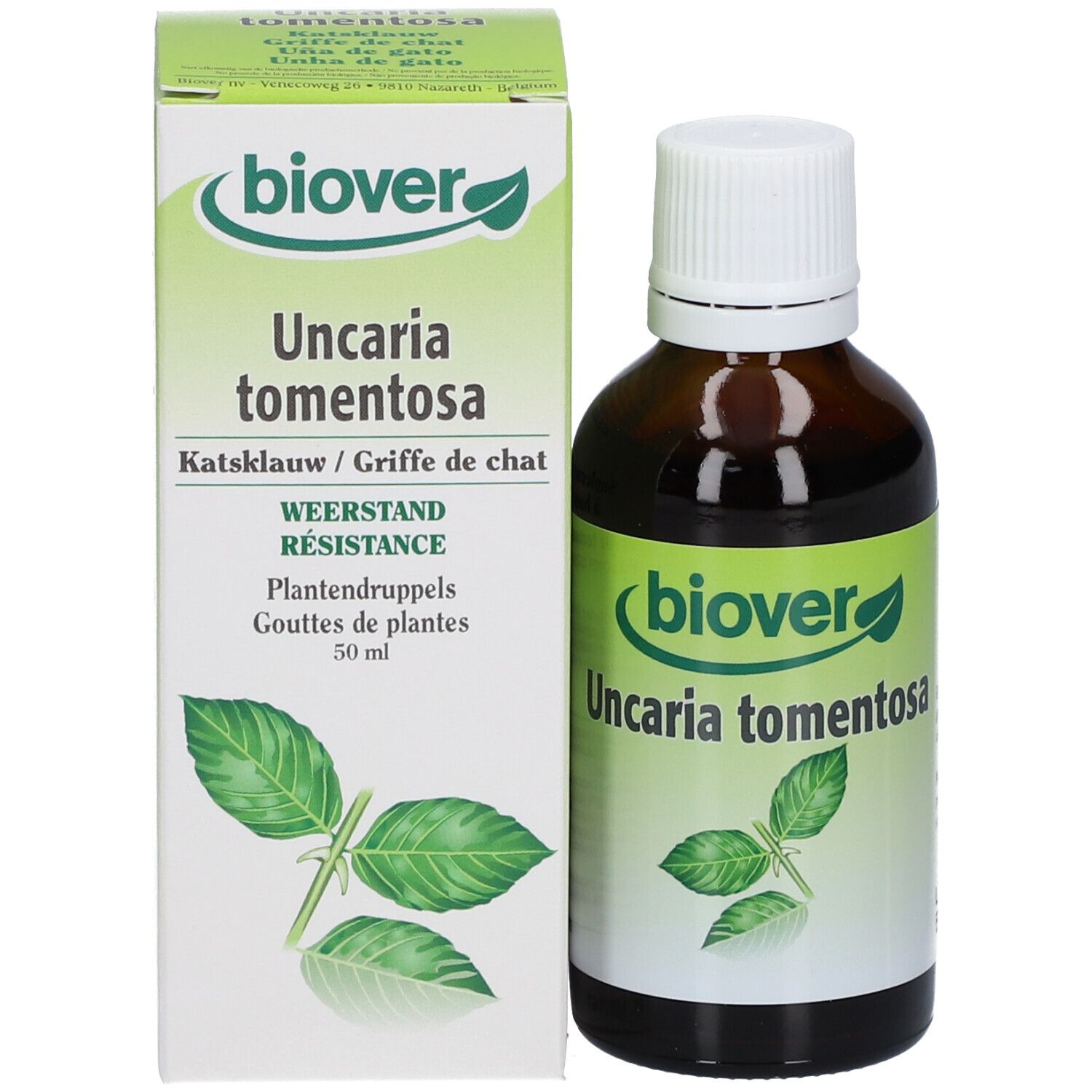 Flacon en verre brun et boîte. Boîte avec "biover", "Uncaria tomentosa", Katsklauw/Griffe de chat. 50 ml.