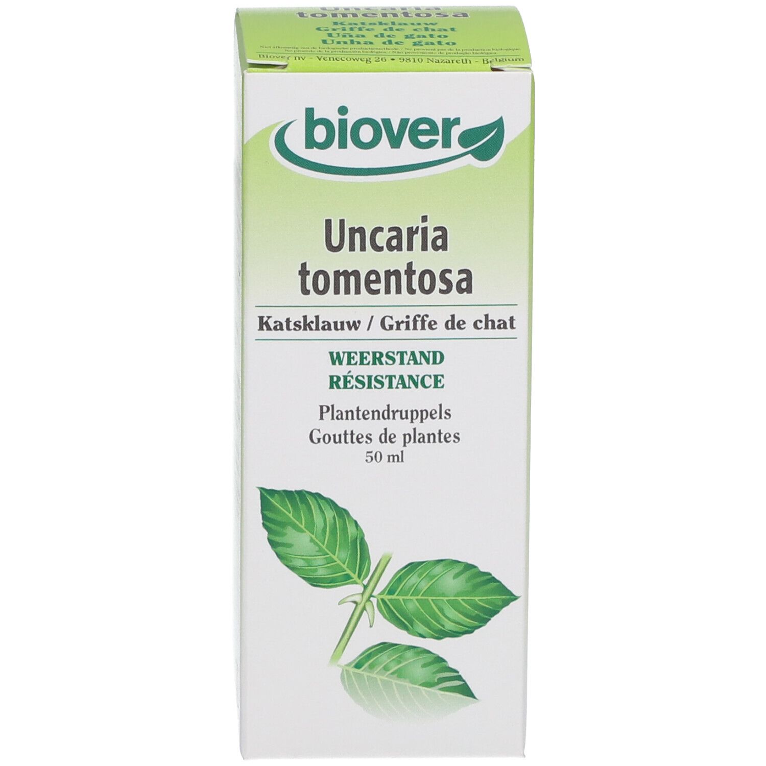 Boîte blanche avec "biover", "Uncaria tomentosa", Katsklauw/Griffe de chat. 50 ml. Gouttes de plantes.