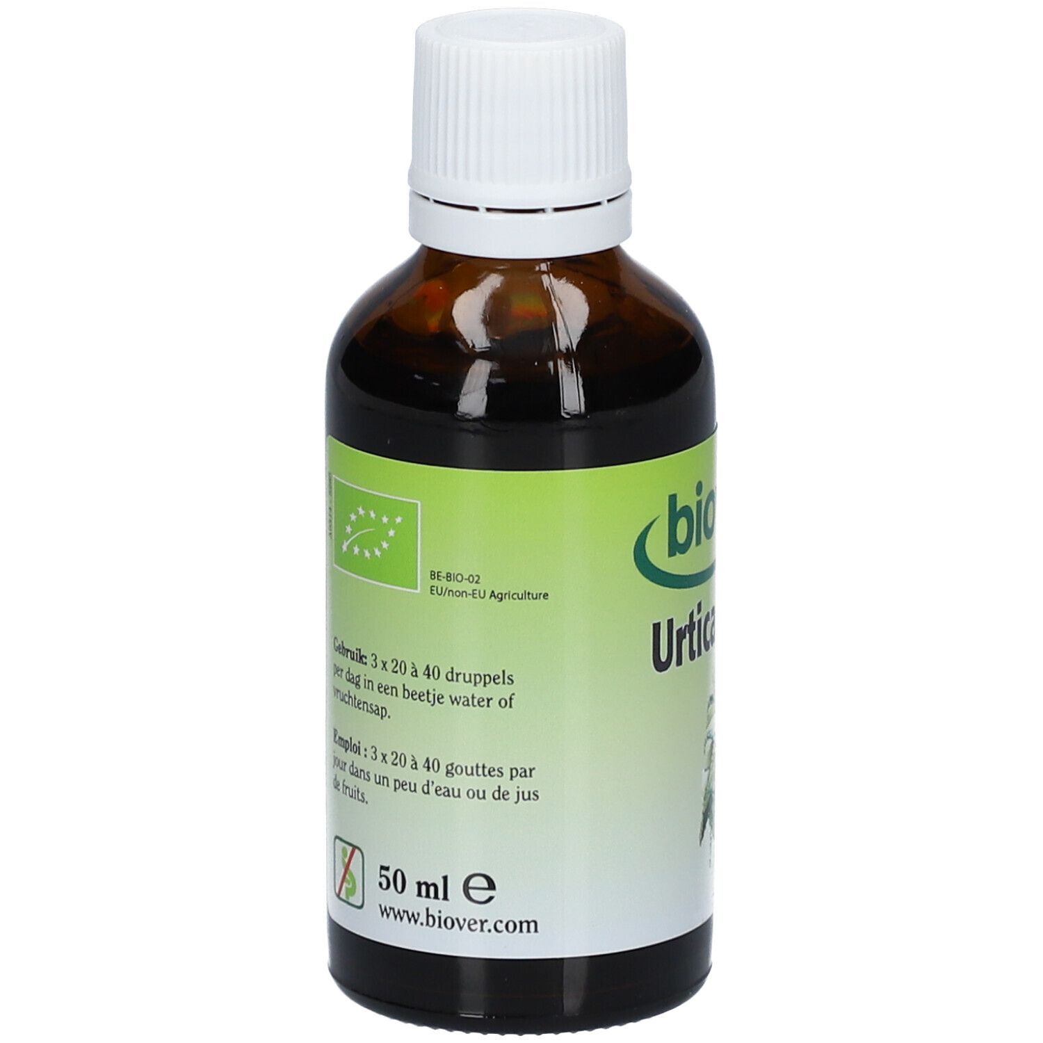 Flacon en verre brun avec bouchon blanc. Étiquette avec "biover", "Urtica dioica" et logo bio UE. Contient des instructions de dosage en néerlandais et français.