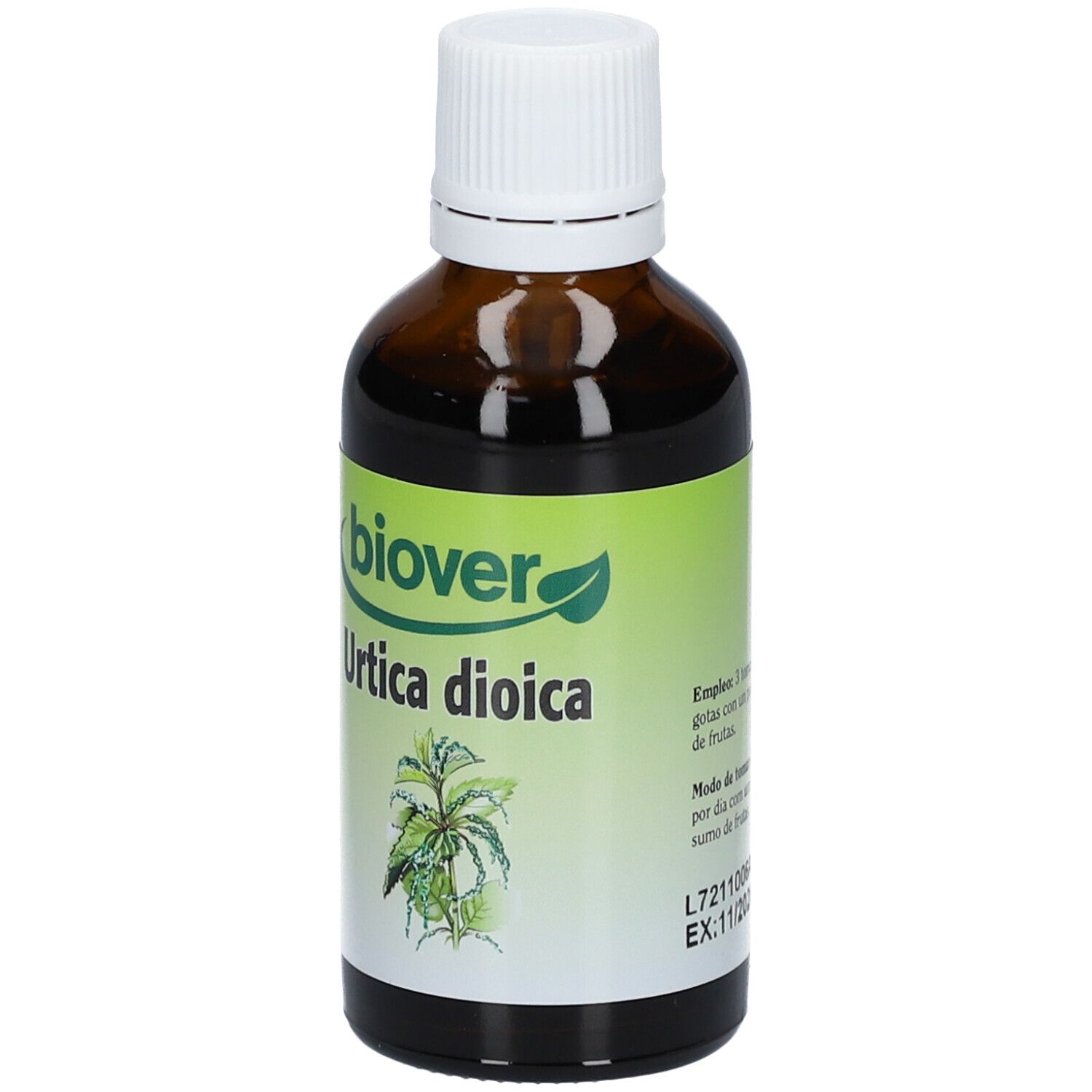 Flacon en verre brun avec bouchon blanc. Étiquette avec "biover", "Urtica dioica" et illustration de plante. Couleurs verte et blanche.