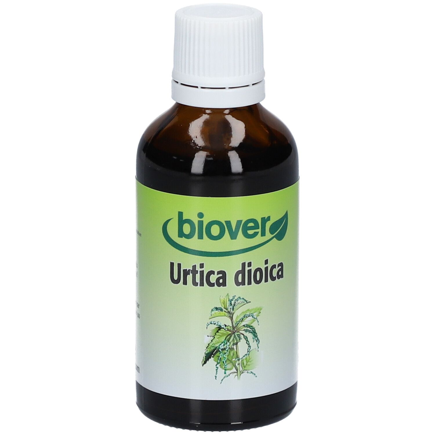 Flacon en verre brun avec bouchon blanc. Étiquette avec "biover", "Urtica dioica" et illustration de plante. Couleurs verte et blanche.