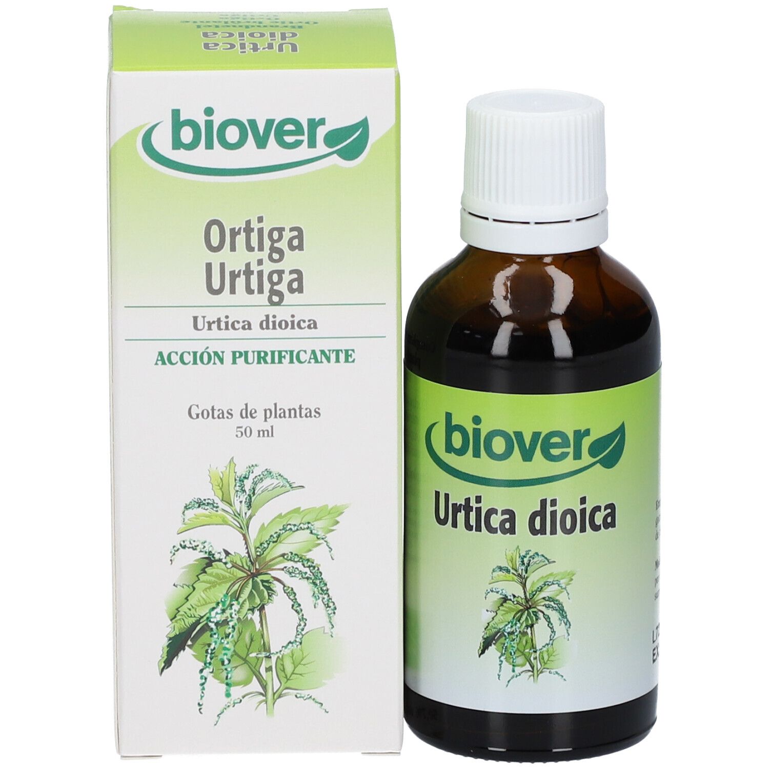 Emballage et flacon. Emballage avec "biover", "Ortiga Urtiga", "Acción Purificante" et illustration de plante. Flacon avec "Urtica dioica".