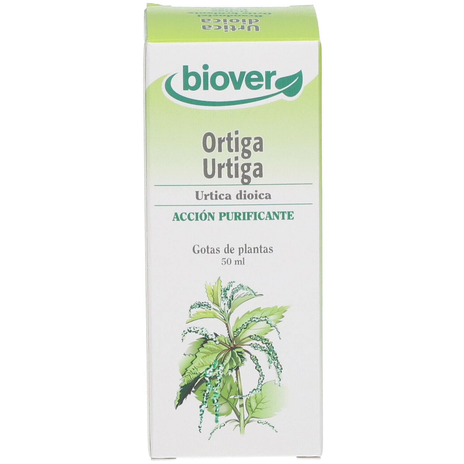 Emballage du produit. Emballage avec "biover", "Ortiga Urtiga", "Acción Purificante" et illustration de plante. Couleurs verte et blanche.