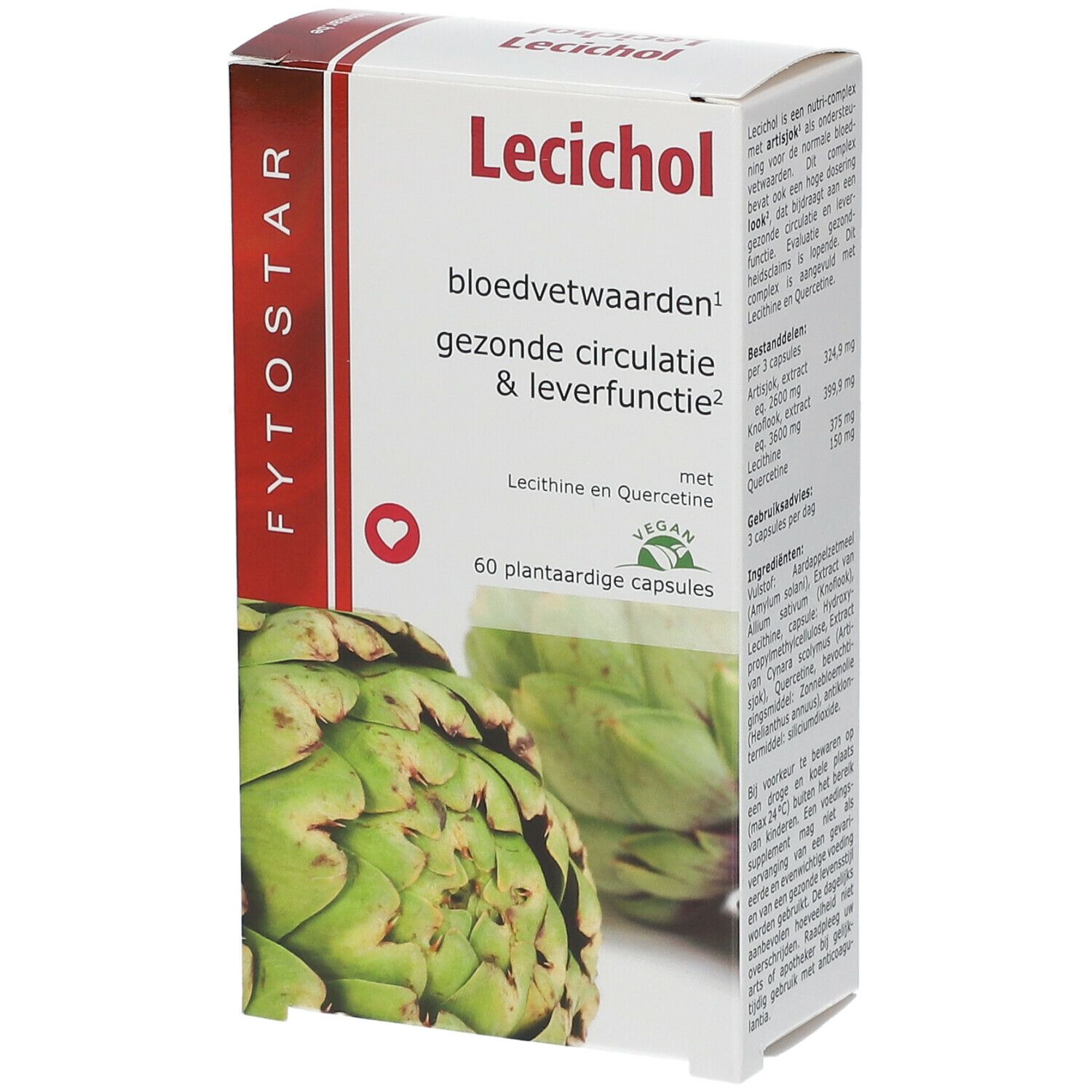 Emballage produit avec logo et texte. Contient 60 gélules végétales. Image d'artichauts. Label vegan.