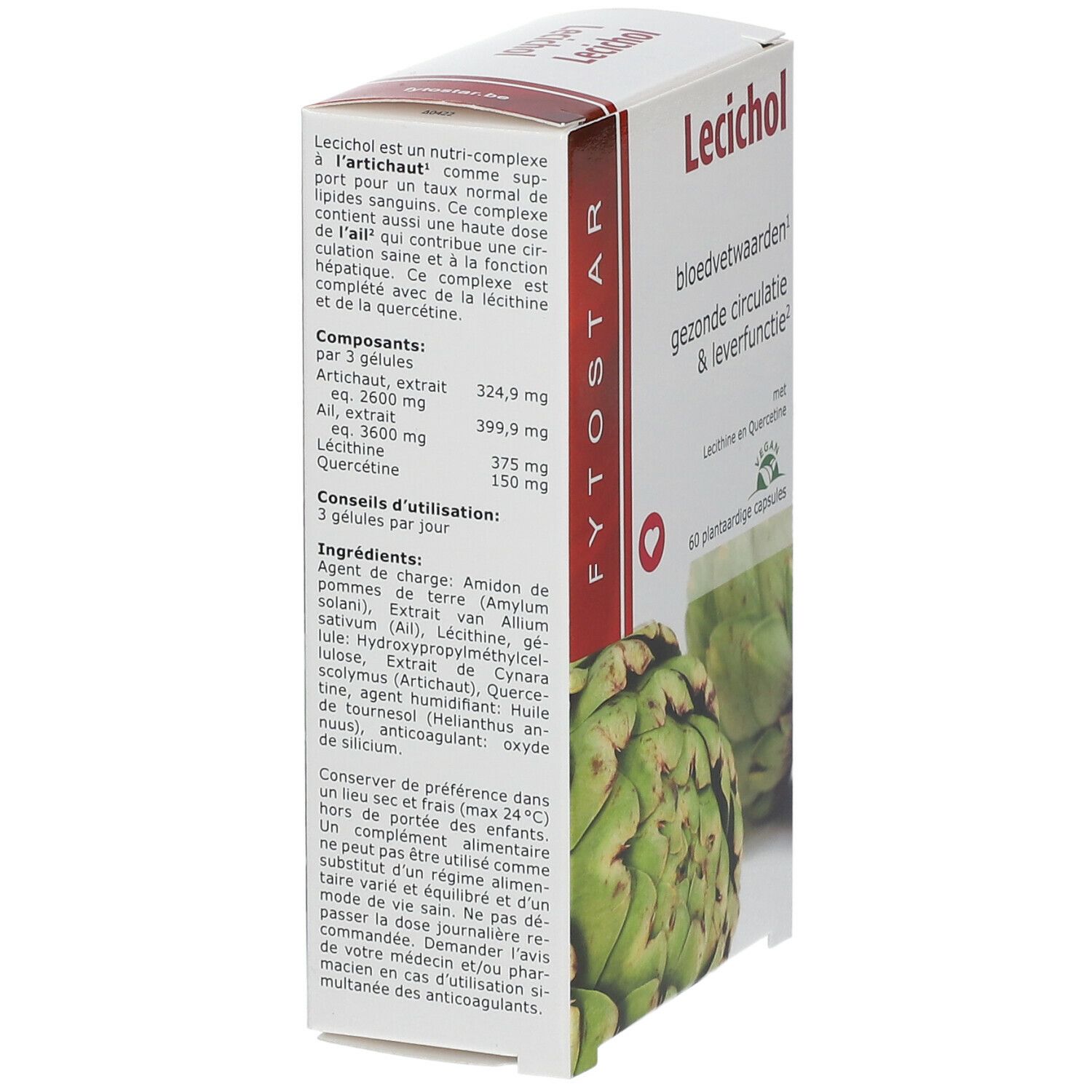 Emballage produit avec texte et ingrédients. Contient extrait d'artichaut, ail, lécithine et quercétine. 60 gélules.