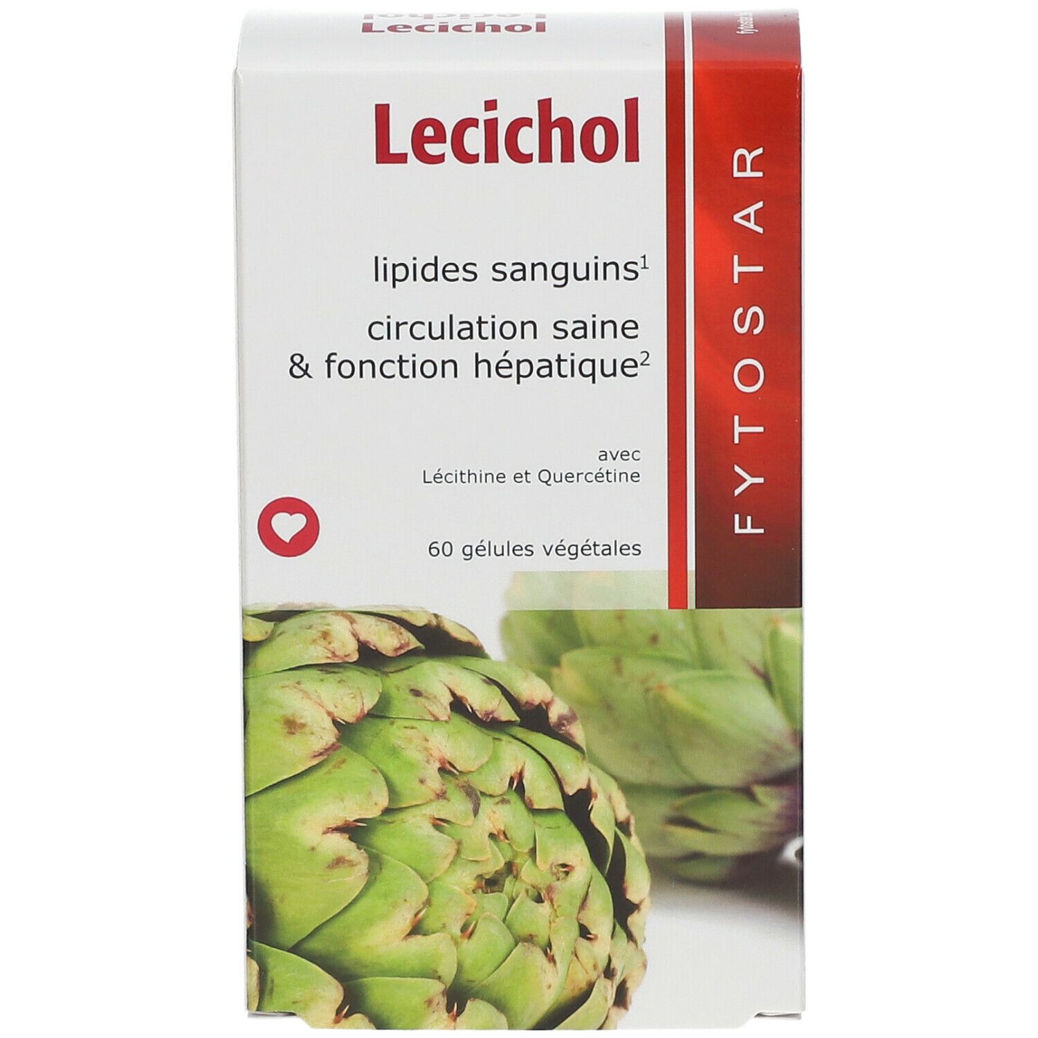 Boîte de produit avec logo et texte. Texte: Lipides sanguins, circulation saine, fonction hépatique. 60 gélules. Image d'artichaut.