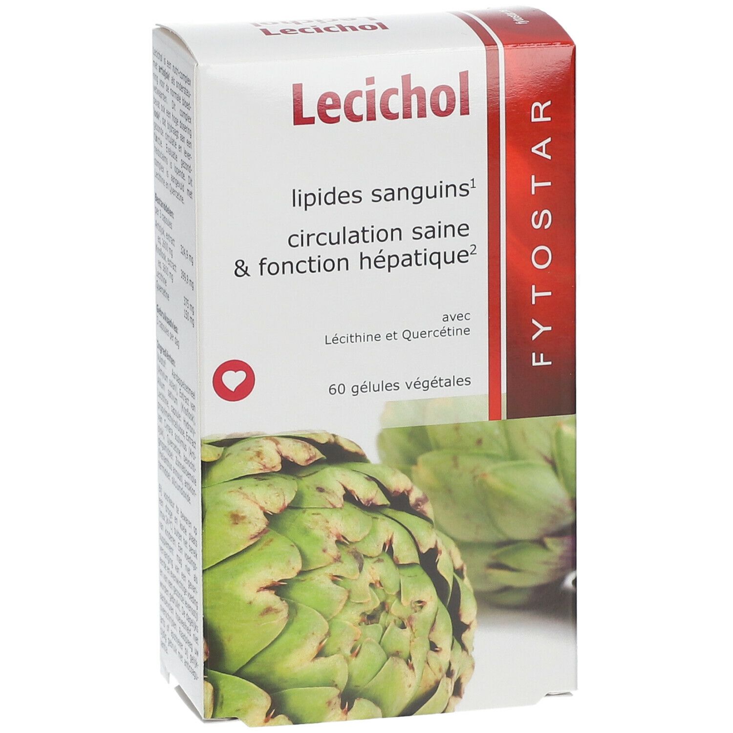 Boîte de produit avec logo et texte. Texte: Lipides sanguins, circulation saine, fonction hépatique. 60 gélules. Image d'artichaut.