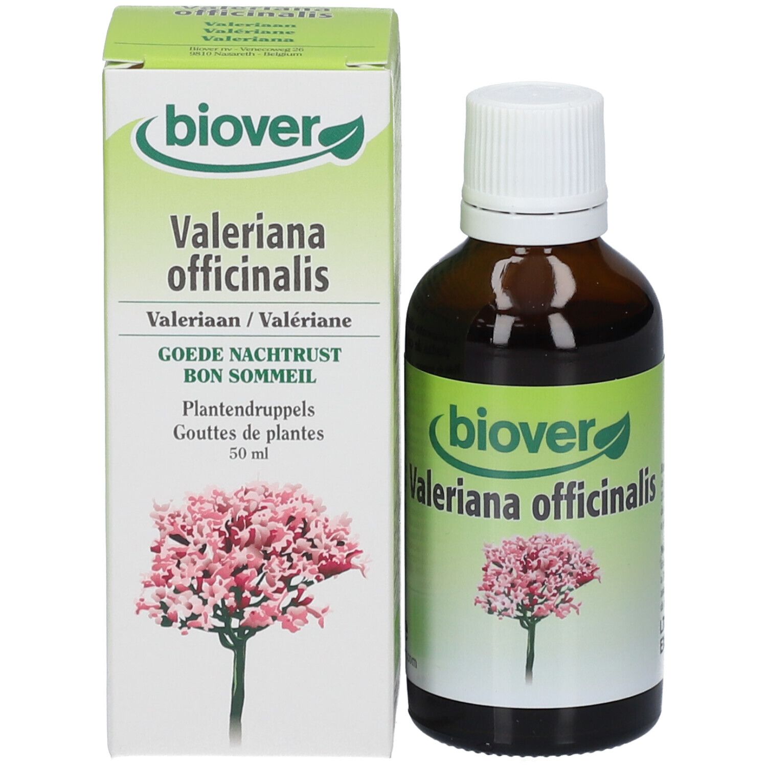 Flacon en verre brun avec bouchon blanc. Étiquette avec nom du produit et image de fleur. Fond blanc.
