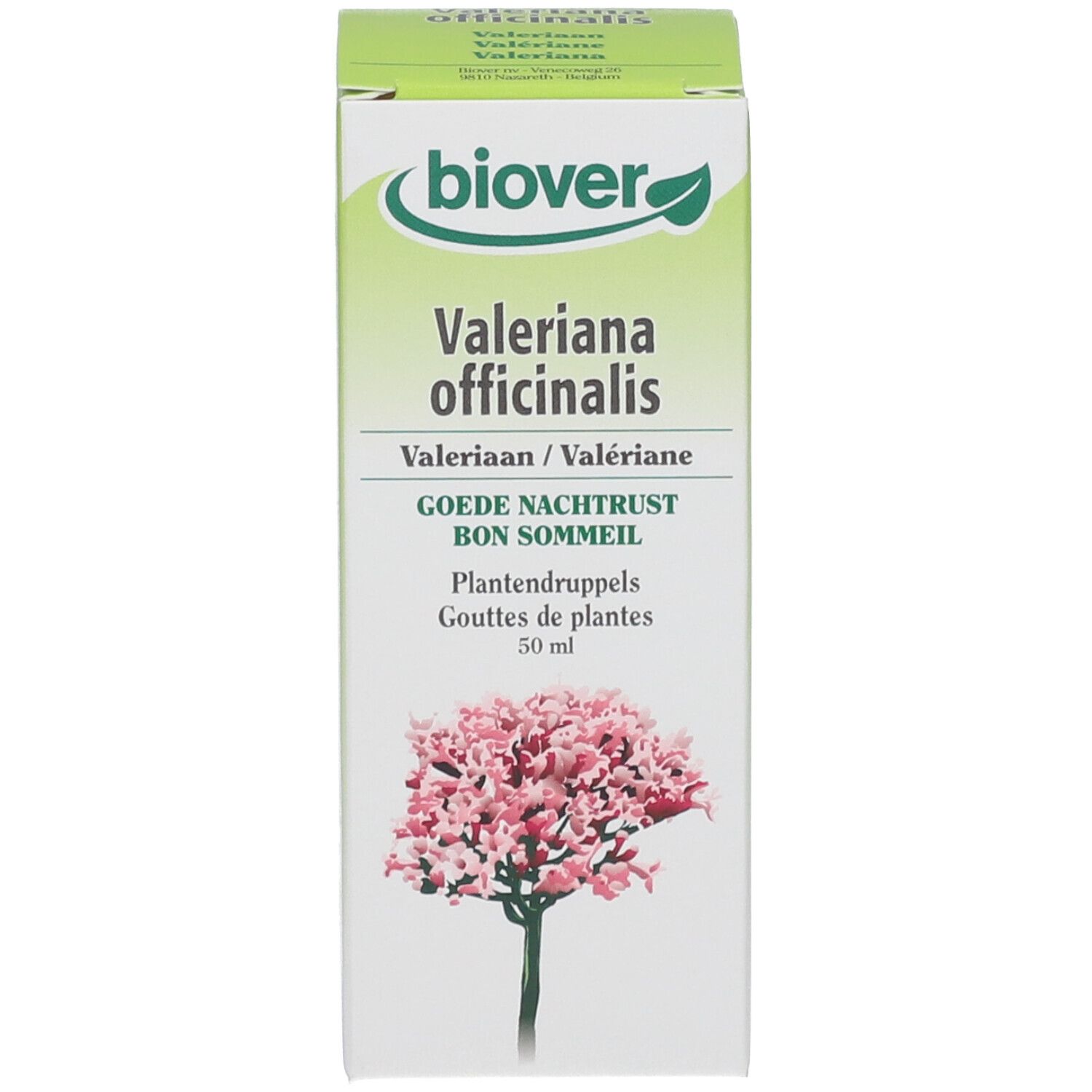 Emballage en carton et flacon. Nom du produit et image de fleur. Design vert et blanc. Texte multilingue.