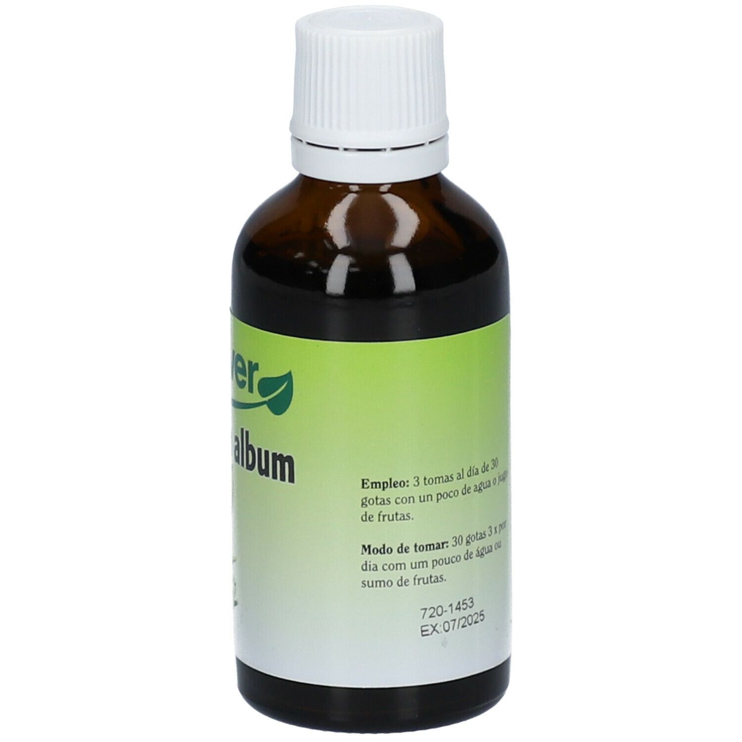 Flacon en verre brun avec bouchon blanc. Étiquette multilingue et indication de volume.
