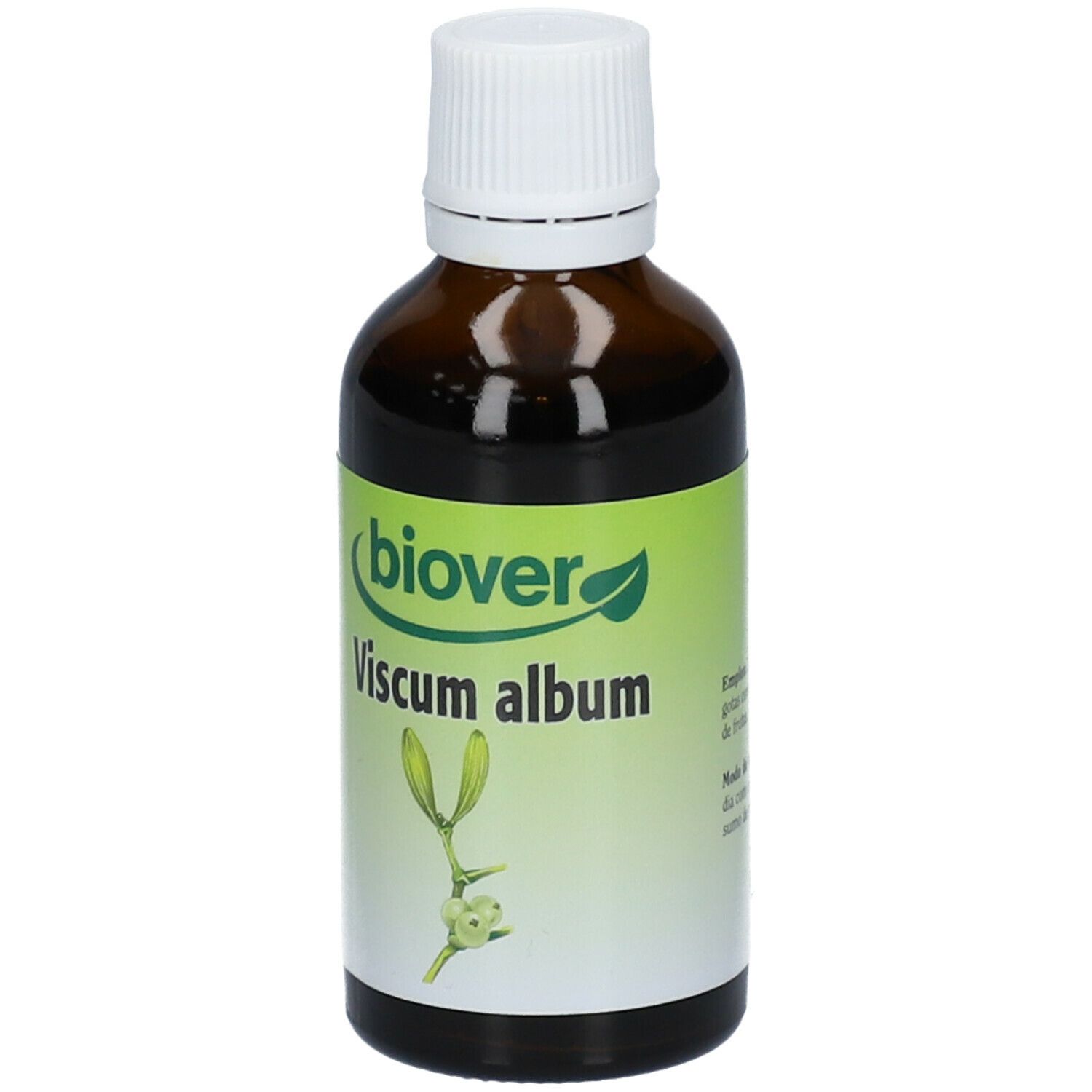 Flacon en verre brun avec bouchon blanc. Étiquette "biover Viscum album" et illustration de plante.