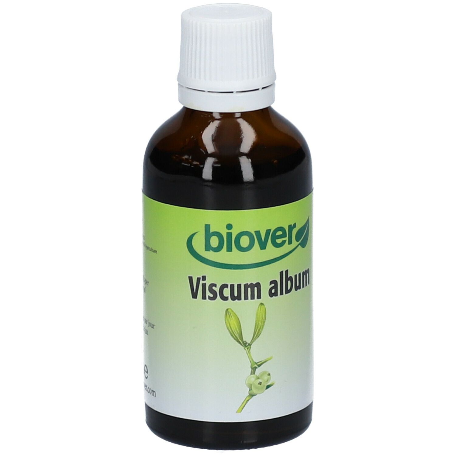 Flacon en verre brun avec bouchon blanc. Étiquette "biover Viscum album" et illustration de plante.