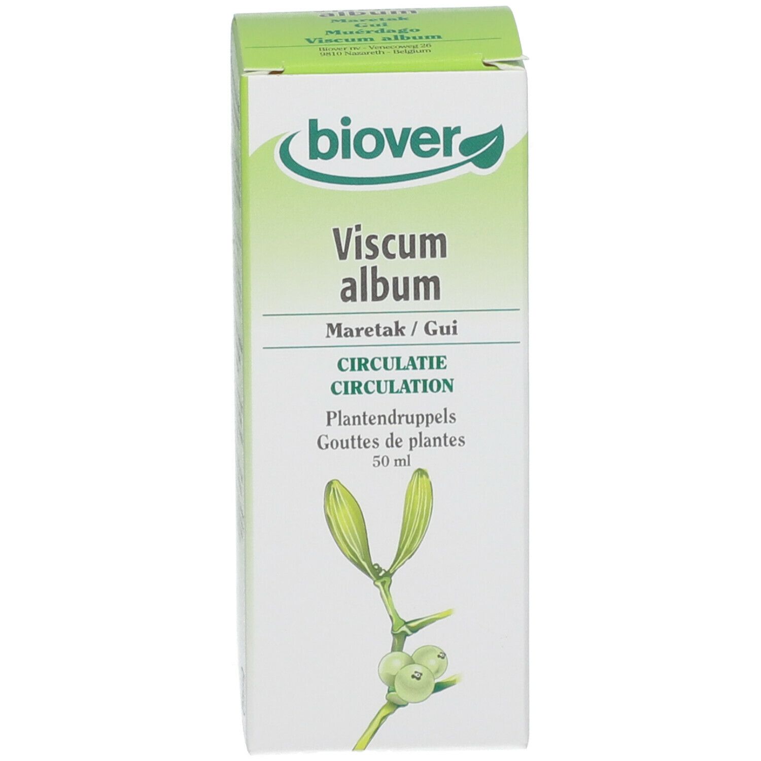 Emballage carton avec "biover Viscum album". Contient gouttes de plantes. 50 ml.