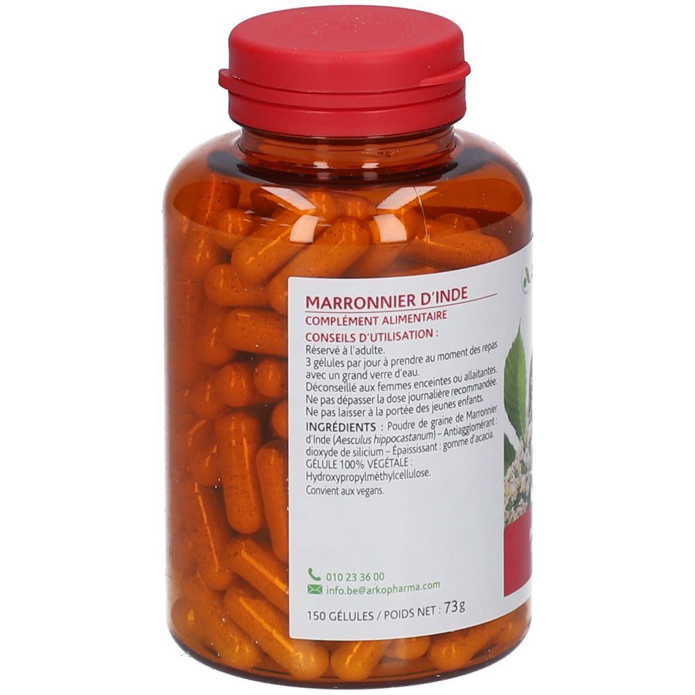 Bruine capsules in een bruine fles met rode dop. Opschrift: Marronnier d'Inde, voedingssupplement.