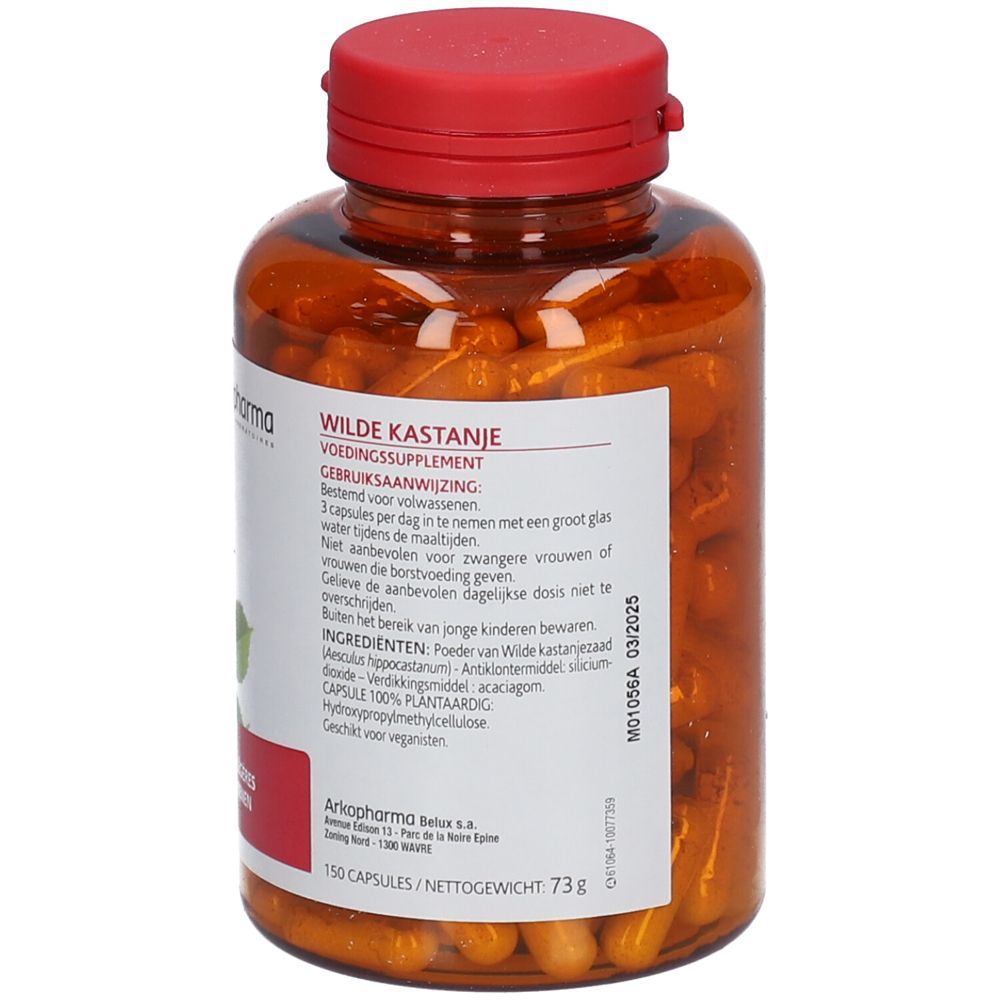 Bruine capsules in een bruine fles met rode dop. Opschrift: Wilde Kastanje, voedingssupplement.