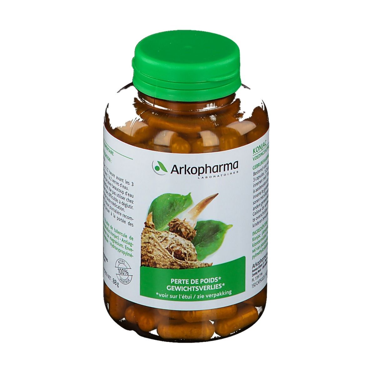 Flacon transparent à bouchon vert, rempli de gélules brunes. Étiquette avec logo, illustration de konjac et texte: Perte de Poids.
