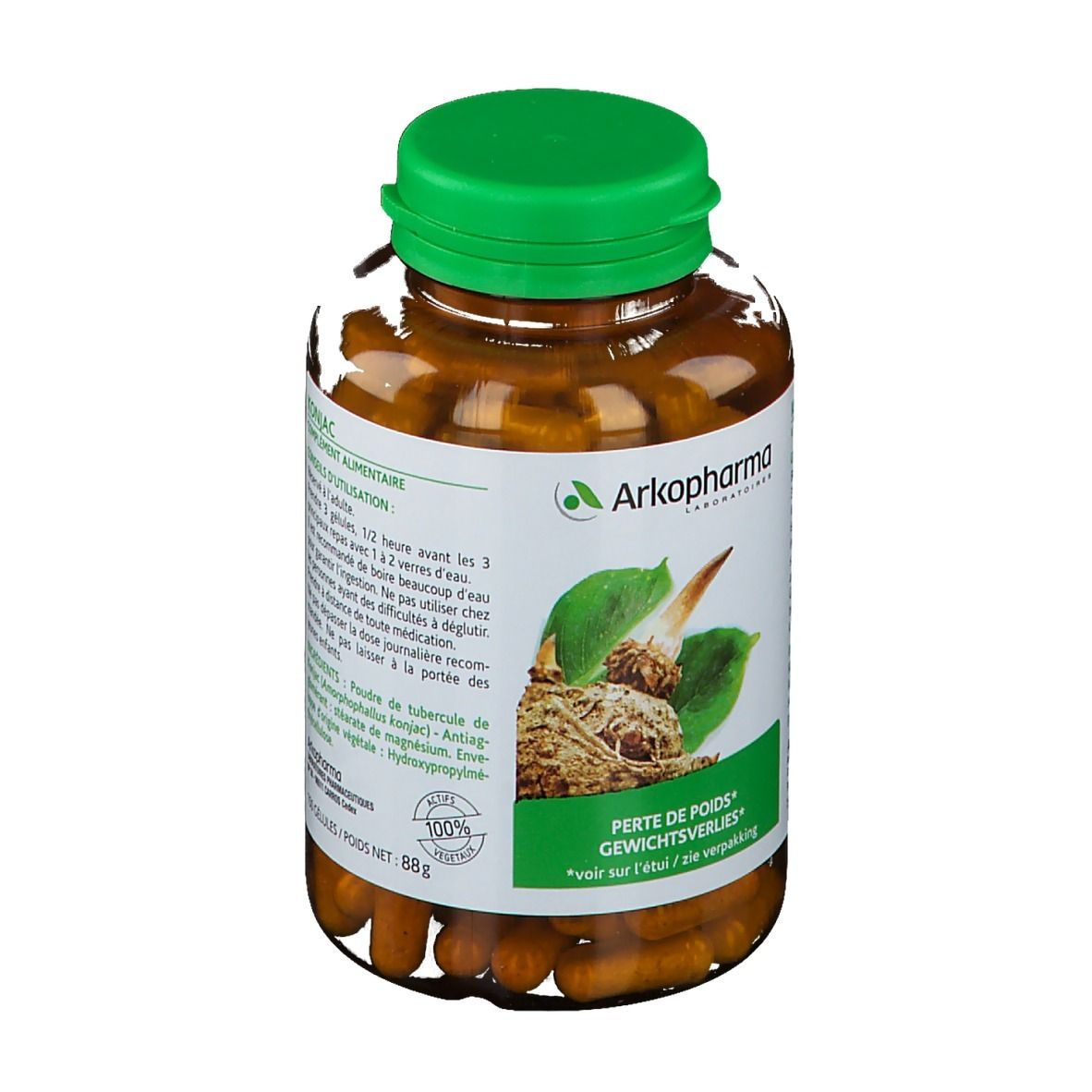 Flacon transparent à bouchon vert, rempli de gélules brunes. Étiquette avec logo, illustration de konjac et texte: Perte de Poids.