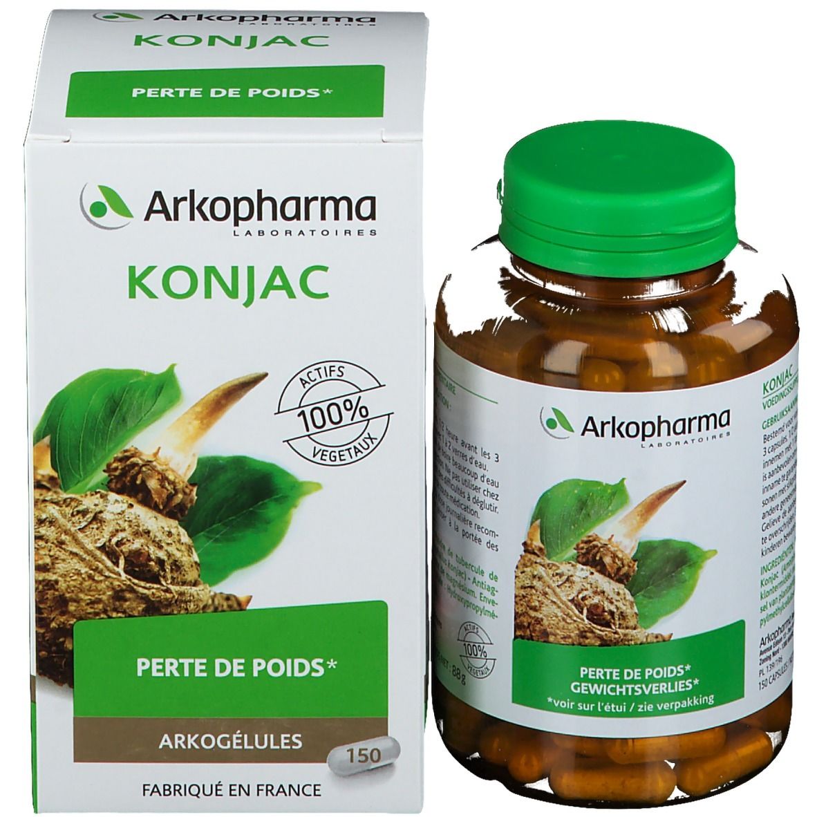 Emballage produit avec flacon et boîte. Boîte avec logo, illustration de konjac et texte: Konjac, Perte de Poids. Flacon à côté.