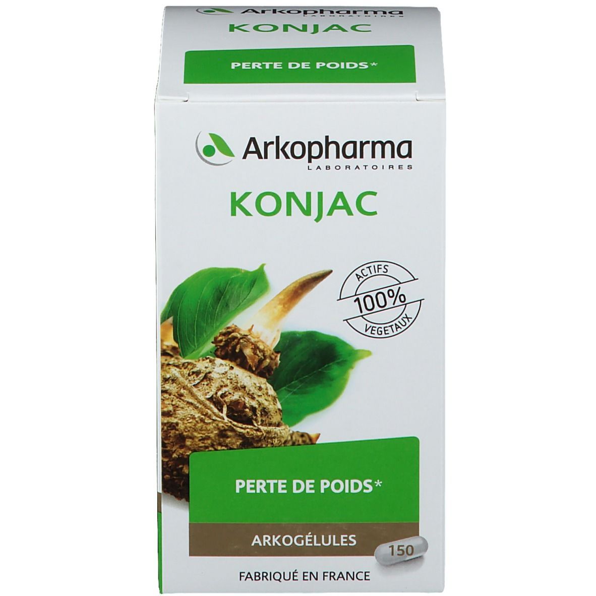 Boîte blanche avec logo, illustration de konjac et texte: Konjac, Perte de Poids. Aktifs 100% Vegetaux.