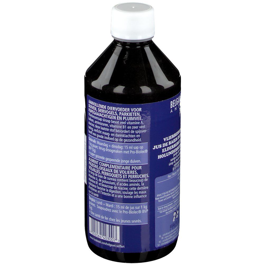 Achterkant van de fles. Blauw etiket met tekst: Aanvullend diervoeder voor duiven, kooivogels, papegaaien en pluimvee. Gebruiksaanwijzing.