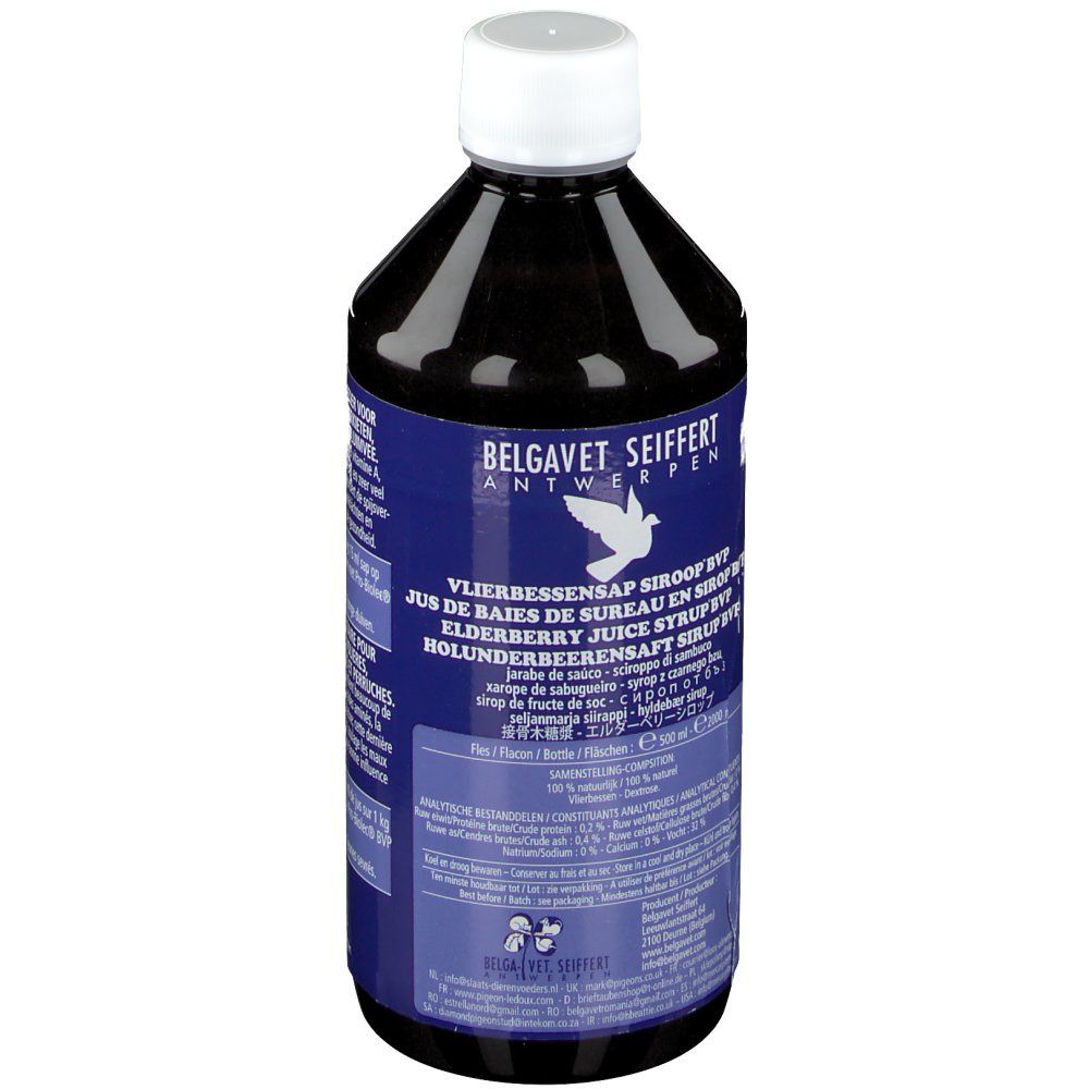 Donkere fles met witte dop. Blauw etiket met tekst: BELGAVET SEIFFERT ANTWERPEN, Vlierbessensap siroop BVP. 500ml.