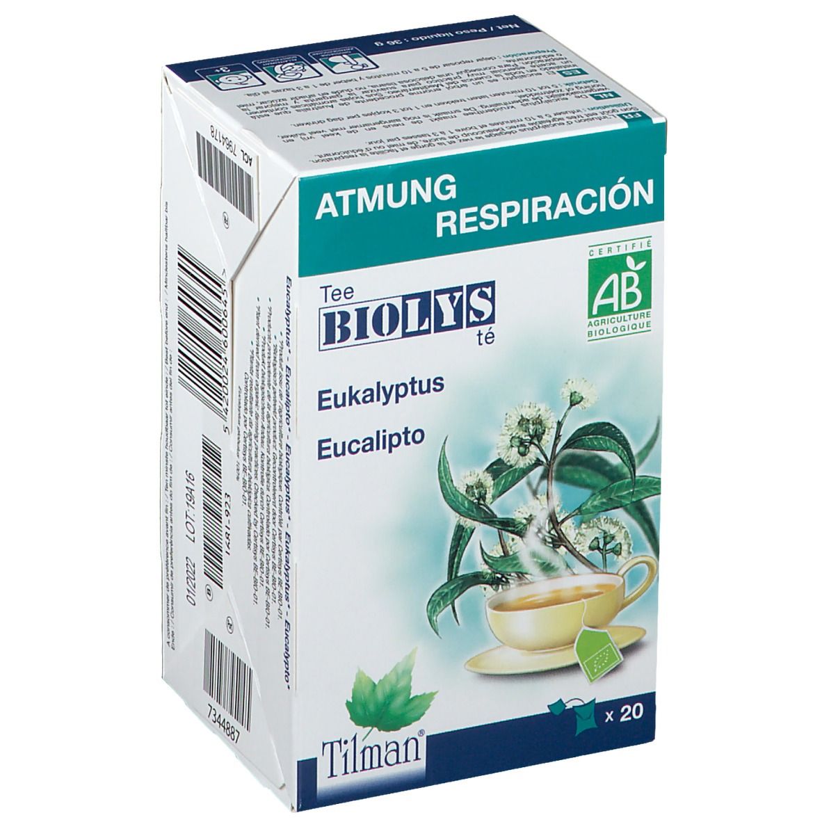 Doos Biolys Eucalyptus thee. AB-certificering. Afbeelding van een kopje thee en eucalyptus tak. Bevat 20 zakjes.