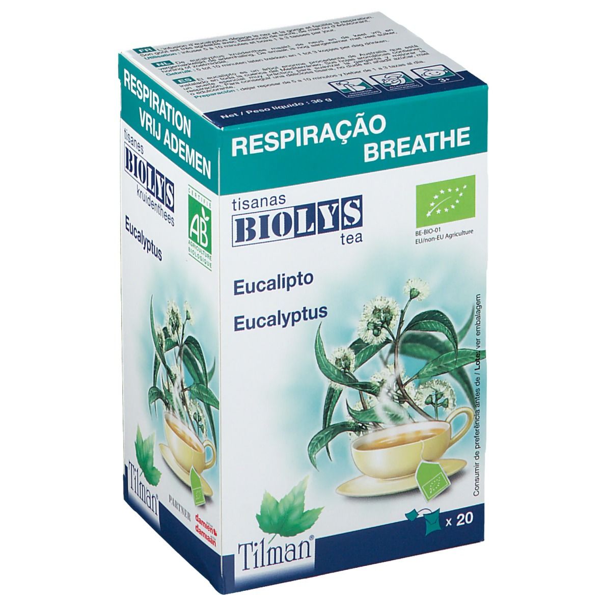 Doos Biolys thee, Eucalyptus. EU-bio certificering. Afbeelding van een kopje thee en eucalyptus tak. 20 zakjes.