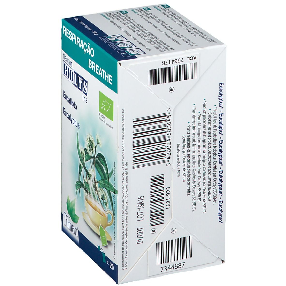 Achterkant doos Biolys thee, Eucalyptus. Barcode, lotnummer en tekst. Bevat 20 zakjes.