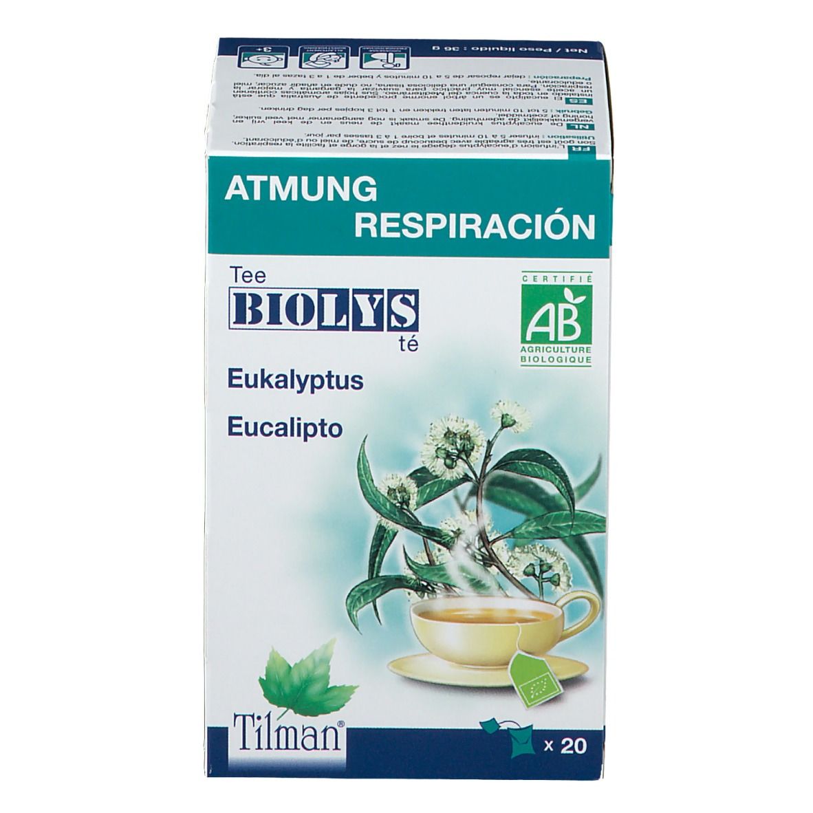 Doos Biolys Eucalyptus thee. AB-certificering. Afbeelding van een kopje thee en eucalyptus tak. Bevat 20 zakjes.