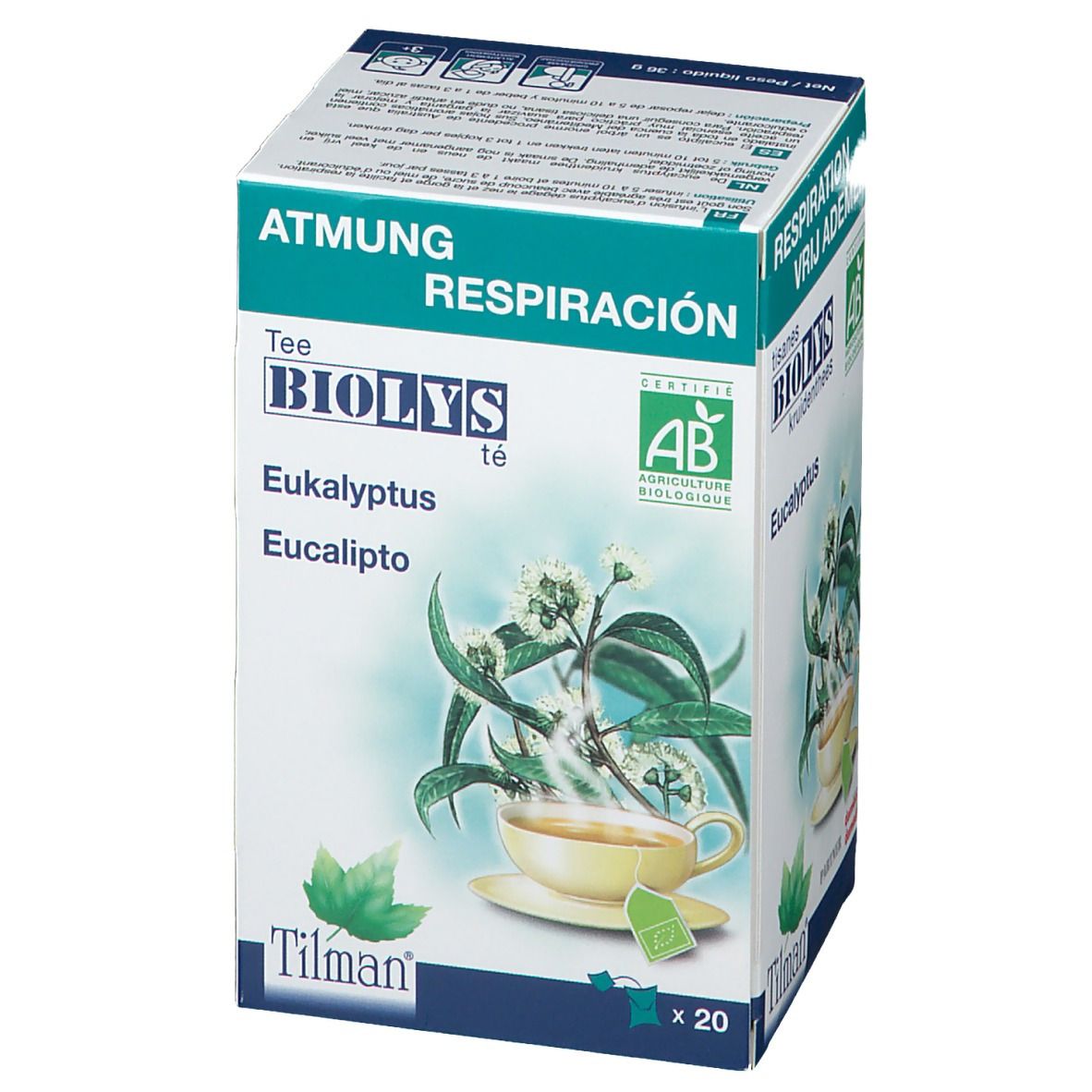 Doos Biolys Eucalyptus thee. AB-certificering. Afbeelding van een kopje thee en eucalyptus tak. Bevat 20 zakjes.