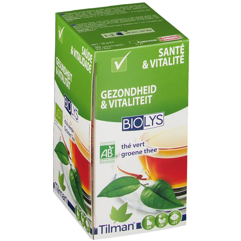 Boîte verte Biolys Thé Vert Infusion. Inscriptions : Santé & Vitalité, Gezondheid & Vitaliteit. Certification AB-Bio. Marque : Tilman.