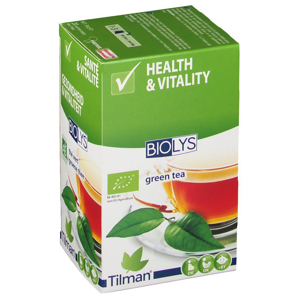 Boîte verte Biolys Thé Vert Infusion. Inscriptions : Health & Vitality, green tea. Certification AB-Bio. Marque : Tilman.