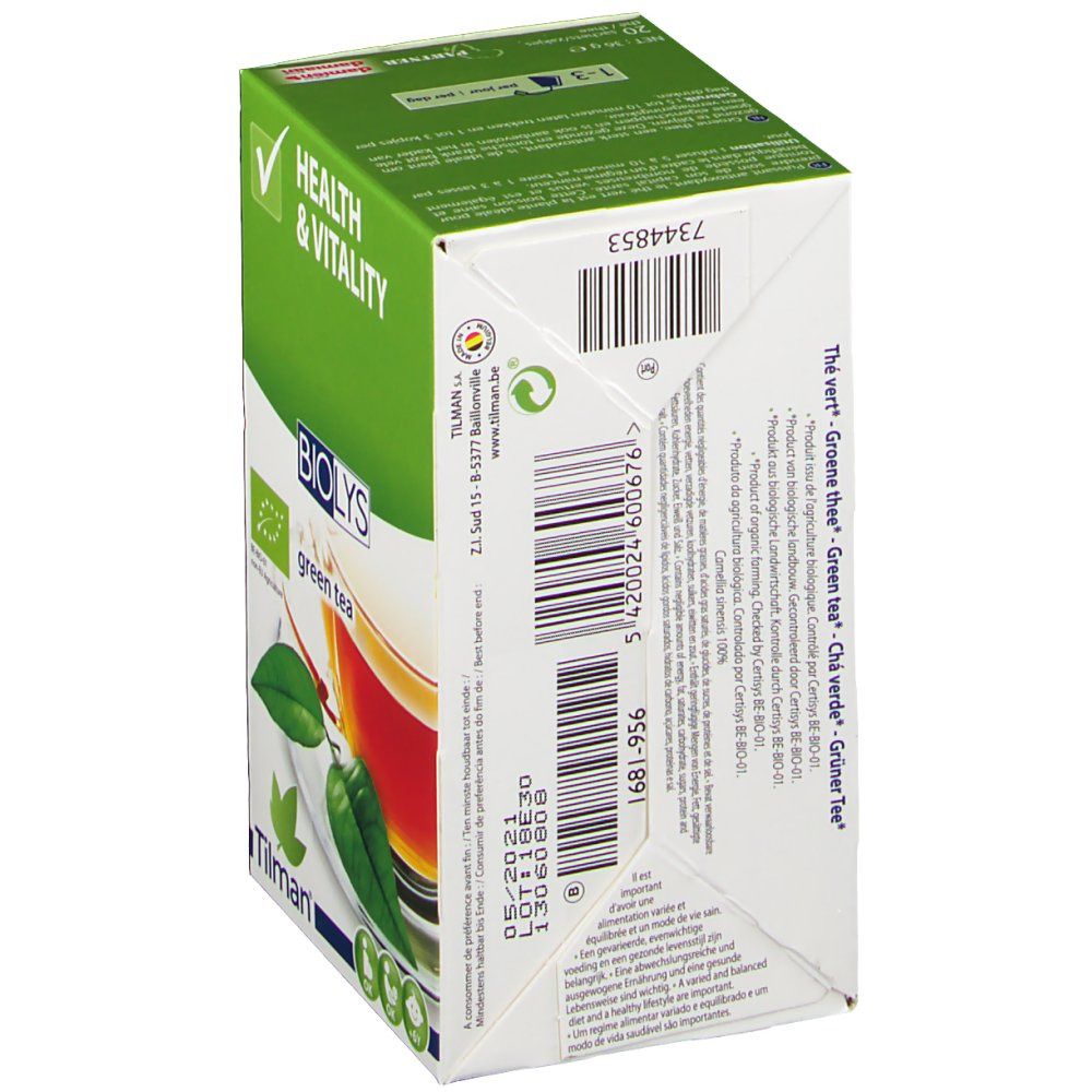Dos de la boîte Biolys Thé Vert Infusion. Inscriptions : Health & Vitality, Green Tea. Code-barres, numéro de lot, date de péremption. Marque : Tilman.